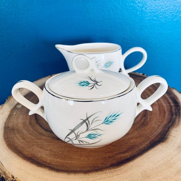 Vintage Canonsburg Teal/Grey Wheat Creamer & Sugar - Picture 5 of 10